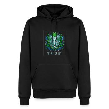 Fantasy Wolf für Kinder mit Spruch SEI WIE DU BIST - Männer Premium Bio Hoodie - Schwarz - Vorne - Nico (187cm)