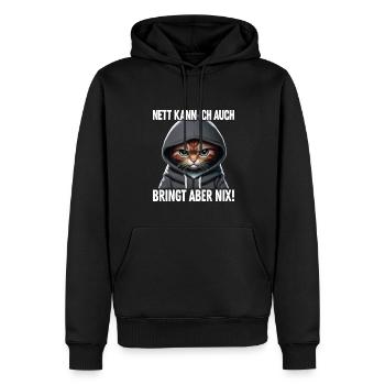 Spruch Katze Geschenk - Nett kann ich auch bringt - Männer Premium Bio Hoodie - Schwarz - Vorne - Nico (187cm)