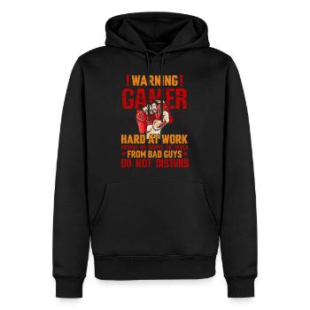 Warning! Gamer hard at work focused on saving t... - Männer Premium Bio Hoodie - Schwarz - Vorne - Nico (187cm)