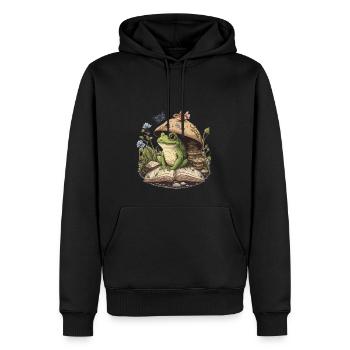 White Cottagecore Aesthetic Mushroom Frog Reading - Men’s Premium Organic Hoodie - black - Front - Nico (187cm)