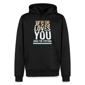 Jésus t’aime et j’essaie l’ironie blague en disant - Sweat à capuche Premium bio Homme - noir - Devant - Nico (187cm)