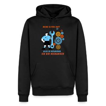 T-shirt Superpower Mechanic : Fix It All - Sweat à capuche Premium bio Homme - noir - Devant - Nico (187cm)
