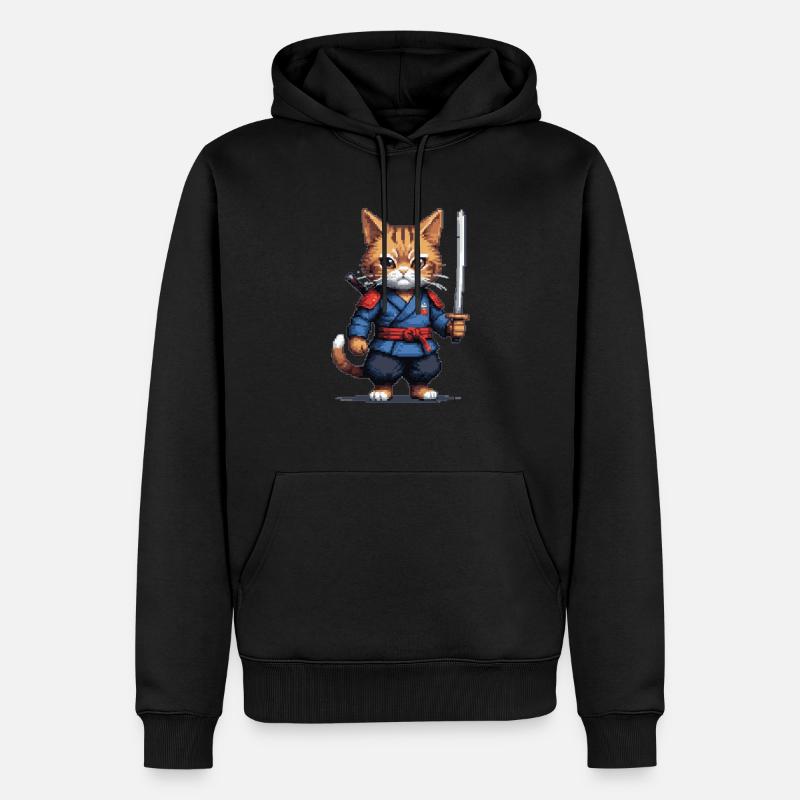 Samurai-Katze Pixelkunst - Männer Premium Bio Hoodie - Schwarz
