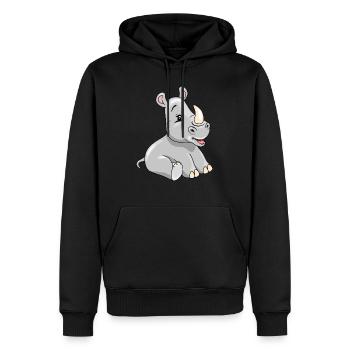 Karikatur sitzend lächelndes Baby-Nashorn - Männer Premium Bio Hoodie - Schwarz - Vorne - Nico (187cm)