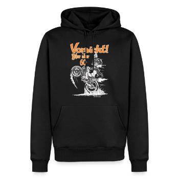 Bikerdesign Biker über 60 Vorsicht - RAHMENLOS® - Männer Premium Bio Hoodie - Schwarz - Vorne - Nico (187cm)