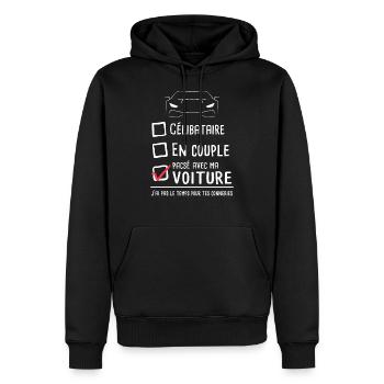 Accro voiture mécanicien humour drift célibataire - Sweat à capuche Premium bio Homme - noir - Devant - Nico (187cm)