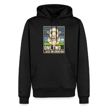Funny sheep stinking finger ONE TWO - Men’s Premium Organic Hoodie - black - Front - Nico (187cm)