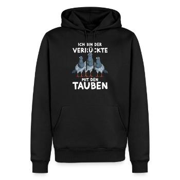 Tauben Lustiger Spruch Ich bin der Verrückte - Männer Premium Bio Hoodie - Schwarz - Vorne - Nico (187cm)