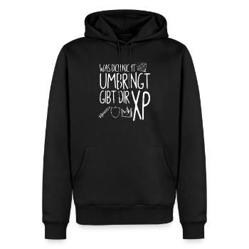 qui ne te tue pas - Sweat à capuche Premium bio Homme - noir - Devant - Nico (187cm)