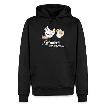 Livraison en cours cigogne grossesse - Sweat à capuche Premium bio Homme - noir - Devant - Nico (187cm)