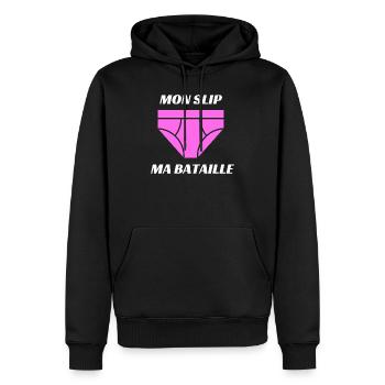 BLS Spécial - Mon slip ma bataille - Sweat à capuche Premium bio Homme - noir - Devant - Nico (187cm)