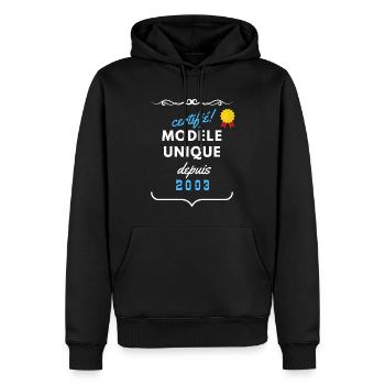 certifié modèle unique depuis 2003 - Sweat à capuche Premium bio Homme - noir - Devant - Nico (187cm)