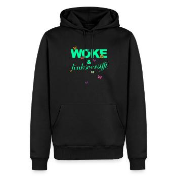 Selbstironie: WOKE & linksversifft - Männer Premium Bio Hoodie - Schwarz - Vorne - Nico (187cm)