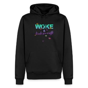 Selbstironie: WOKE & linksversifft - Männer Premium Bio Hoodie - Schwarz - Vorne - Nico (187cm)