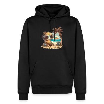 Un petit robot en t-shirt se détend sur la plage - Sweat à capuche Premium bio Homme - noir - Devant - Nico (187cm)