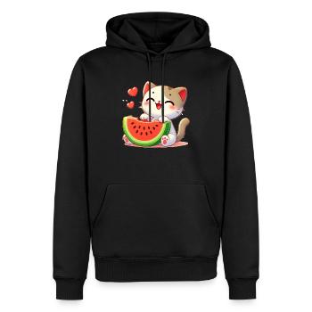 chat mignon mangeant de l’eaumelo, amour des chats kawaii - Sweat à capuche Premium bio Homme - noir - Devant - Nico (187cm)