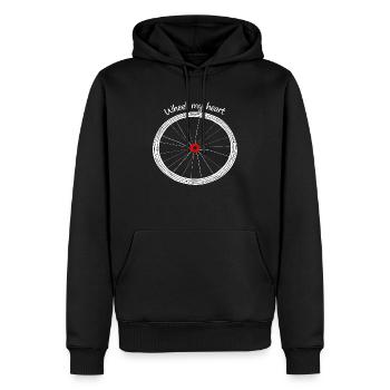 Cœur de roue de vélo et imprimé « Wheel my heart » - Sweat à capuche Premium bio Homme - noir - Devant - Nico (187cm)