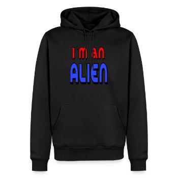 ALIEN 🛸 bold text in red and blue - Men’s Premium Organic Hoodie - black - Front - Nico (187cm)
