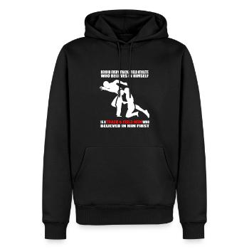 Hinter jedem Athleten steht eine Leichtathletik-Mutter - Männer Premium Bio Hoodie - Schwarz - Vorne - Nico (187cm)