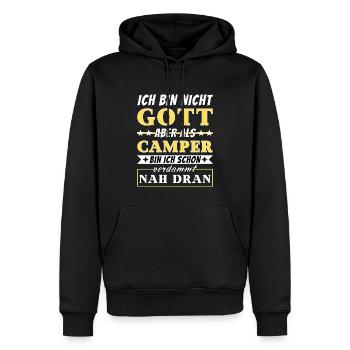 Ich bin nicht Gott aber als Camper nah dran - Männer Premium Bio Hoodie - Schwarz - Vorne - Nico (187cm)