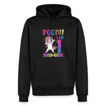 Boom!! Je suis 1, Licorne drôle colorée 1. - Sweat à capuche Premium bio Homme - noir - Devant - Nico (187cm)