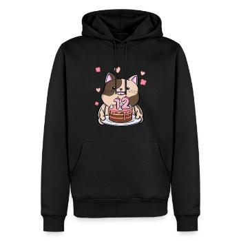 Le chat potelé garde un gâteau d’anniversaire 12 ans - Sweat à capuche Premium bio Homme - noir - Devant - Nico (187cm)