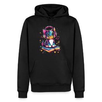 Cute cat with headphones and books - Men’s Premium Organic Hoodie - black - Front - Nico (187cm)