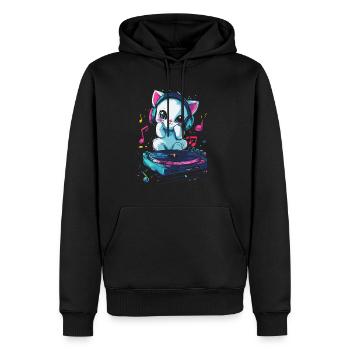 Chat mignon avec des écouteurs et un disque vinyle - Sweat à capuche Premium bio Homme - noir - Devant - Nico (187cm)