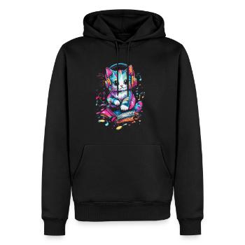 Cute cat with headphones and books - Men’s Premium Organic Hoodie - black - Front - Nico (187cm)
