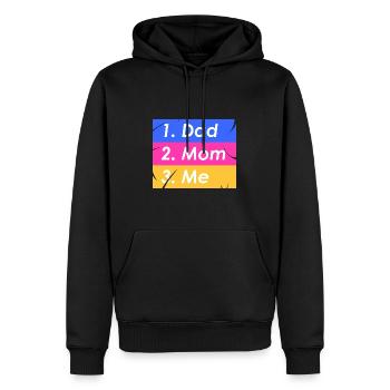1. Papa 2. Mama 3. ich - Männer Premium Bio Hoodie - Schwarz - Vorne - Nico (187cm)