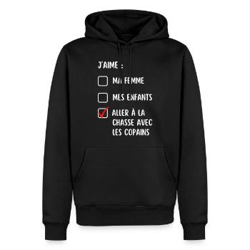 Cadeau humour chasse chasseur chasseuse drôle - Sweat à capuche Premium bio Homme - noir - Devant - Nico (187cm)