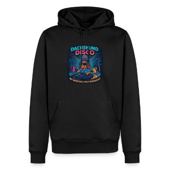 Dachshund Disco – Kein Bellen nachts - Männer Premium Bio Hoodie - Schwarz - Vorne - Nico (187cm)