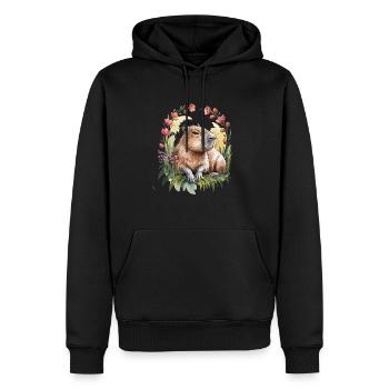 Blumen-Capybara: Entspannung pur - Männer Premium Bio Hoodie - Schwarz - Vorne - Nico (187cm)
