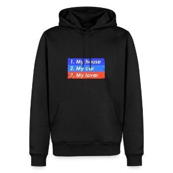 1. Mein Haus 2. Mein Auto 3. Mein Liebhaber - Männer Premium Bio Hoodie - Schwarz - Vorne - Nico (187cm)