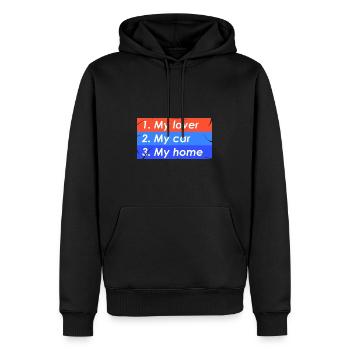 1. Mein Liebhaber 2. Auto 3. Zuhause - Männer Premium Bio Hoodie - Schwarz - Vorne - Nico (187cm)