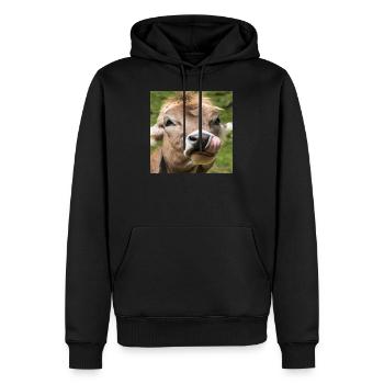 Jeune vache lèche ses lèvres - Sweat à capuche Premium bio Homme - noir - Devant - Nico (187cm)
