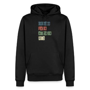 Allgäu Design | Ehemann, Vater, Allgäuer, Held - Männer Premium Bio Hoodie - Schwarz - Vorne - Nico (187cm)