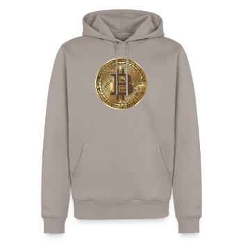 Bitcoin - Männer Premium Bio Hoodie - Taupe - Vorne - Nico (187cm)