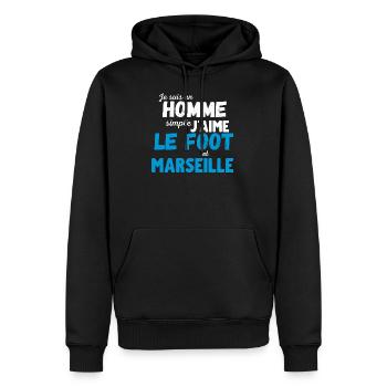 J'aime le foot et Marseille cadeau humour - Sweat à capuche Premium bio Homme - noir - Devant - Nico (187cm)