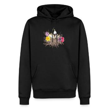 Nid de printemps avec des œufs, des plumes et des fleurs de printemps - Sweat à capuche Premium bio Homme - noir - Devant - Nico (187cm)
