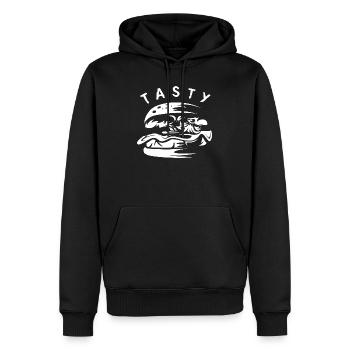 tasty burger Symbol - Fast Food Kette Logo - Männer Premium Bio Hoodie - Schwarz - Vorne - Nico (187cm)