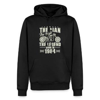 1984 Vintage Man Myth Legend Motorcycle - Men’s Premium Organic Hoodie - black - Front - Nico (187cm)