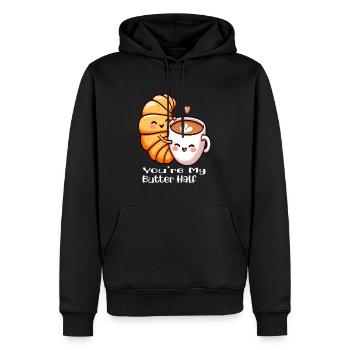 Funny croissant and espresso coffee - Men’s Premium Organic Hoodie - black - Front - Nico (187cm)