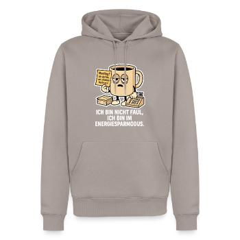 Tired coffee cup in economy mode - Men’s Premium Organic Hoodie - taupe - Front - Nico (187cm)