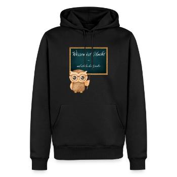 Wissen ist Macht - und ich bin der Dealer - Männer Premium Bio Hoodie - Schwarz - Vorne - Nico (187cm)