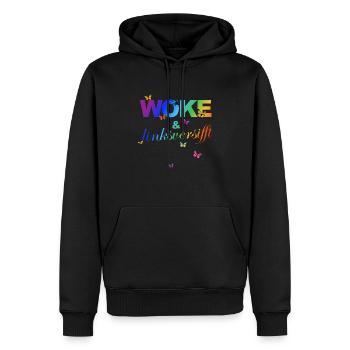 Selbstironie: WOKE & linksversifft - Männer Premium Bio Hoodie - Schwarz - Vorne - Nico (187cm)