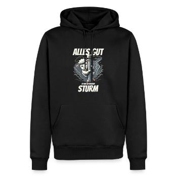 Schaf im Sturm bei Wind und Wetter, lustig - Männer Premium Bio Hoodie - Schwarz - Vorne - Nico (187cm)