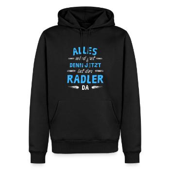Alles wird gut denn jetzt ist der Radler da - Männer Premium Bio Hoodie - Schwarz - Vorne - Nico (187cm)