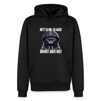 Spruch Katze Geschenk - Nett kann ich auch bringt - Männer Premium Bio Hoodie - Schwarz - Vorne - Nico (187cm)