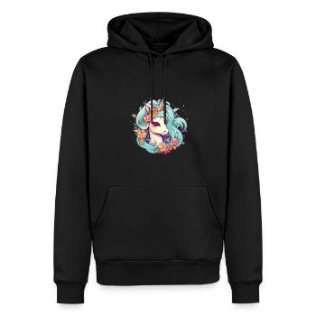Comic Einhorn mit Blumen im Haar - Männer Premium Bio Hoodie - Schwarz - Vorne - Nico (187cm)